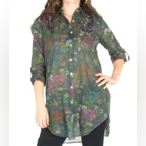 Vintage Goa Green Floral Embroidered Button Down Shirt-Dress Top Sz M - Picture 11 of 11